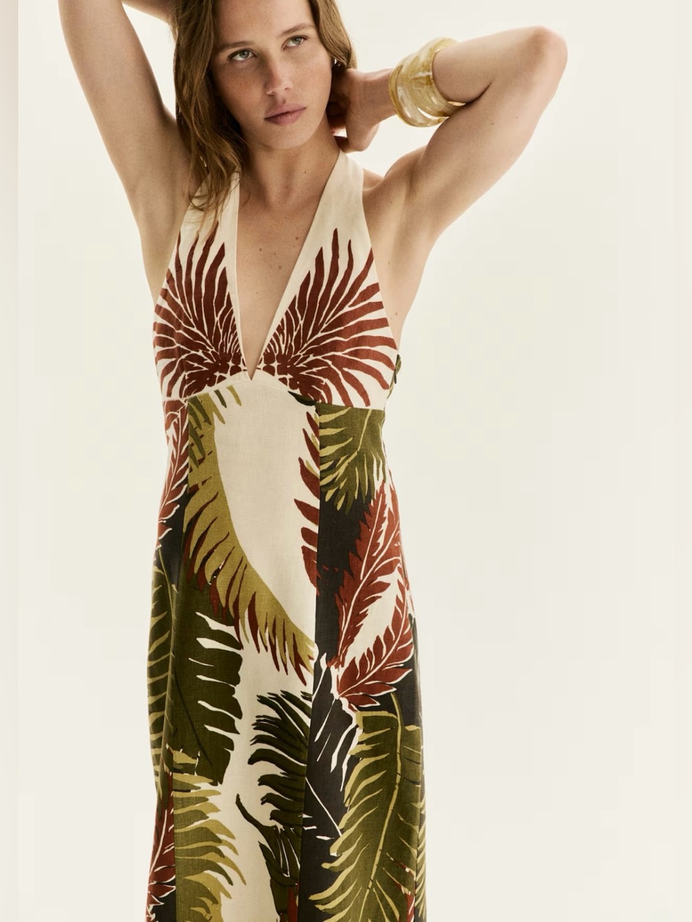 H&M PREMIUM SELECTION NWT WHITE/PALM FRONDS LINEN HALTERNECK DRESS SIZE SMALL